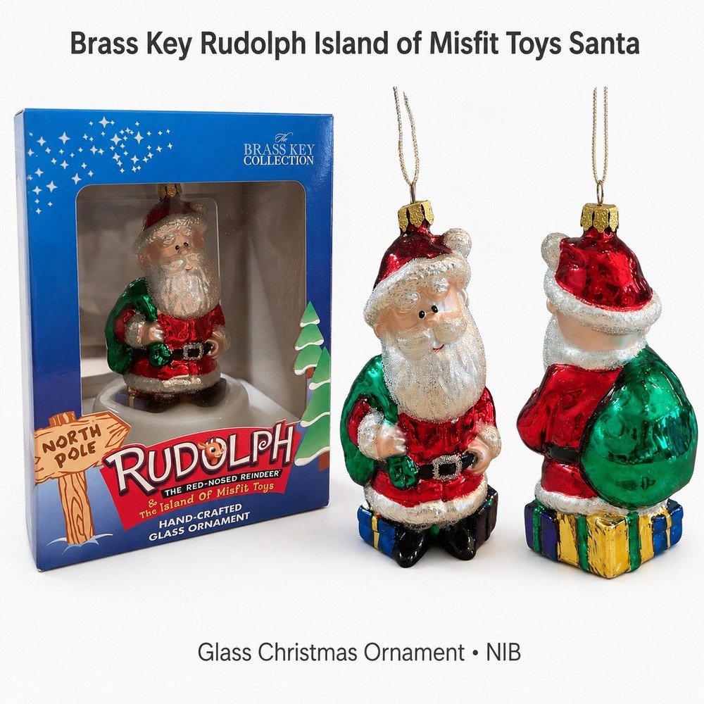 Brass Key Rudolph Island of Misfit Toys Santa Glass Christmas Ornament NIB